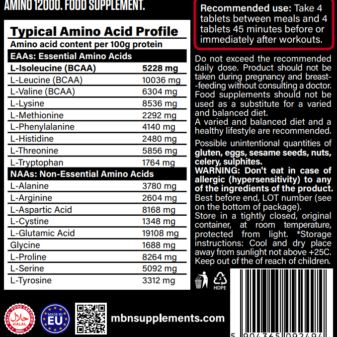 MBN Amino 12000 Højdosis aminosyrer 12.000 mg - muskelrestitution og styrketræning