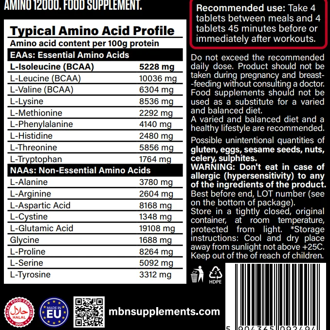 MBN Amino 12000 Hochdosierte Aminosäuren 12.000 mg - Muskelaufbau & Krafttraining